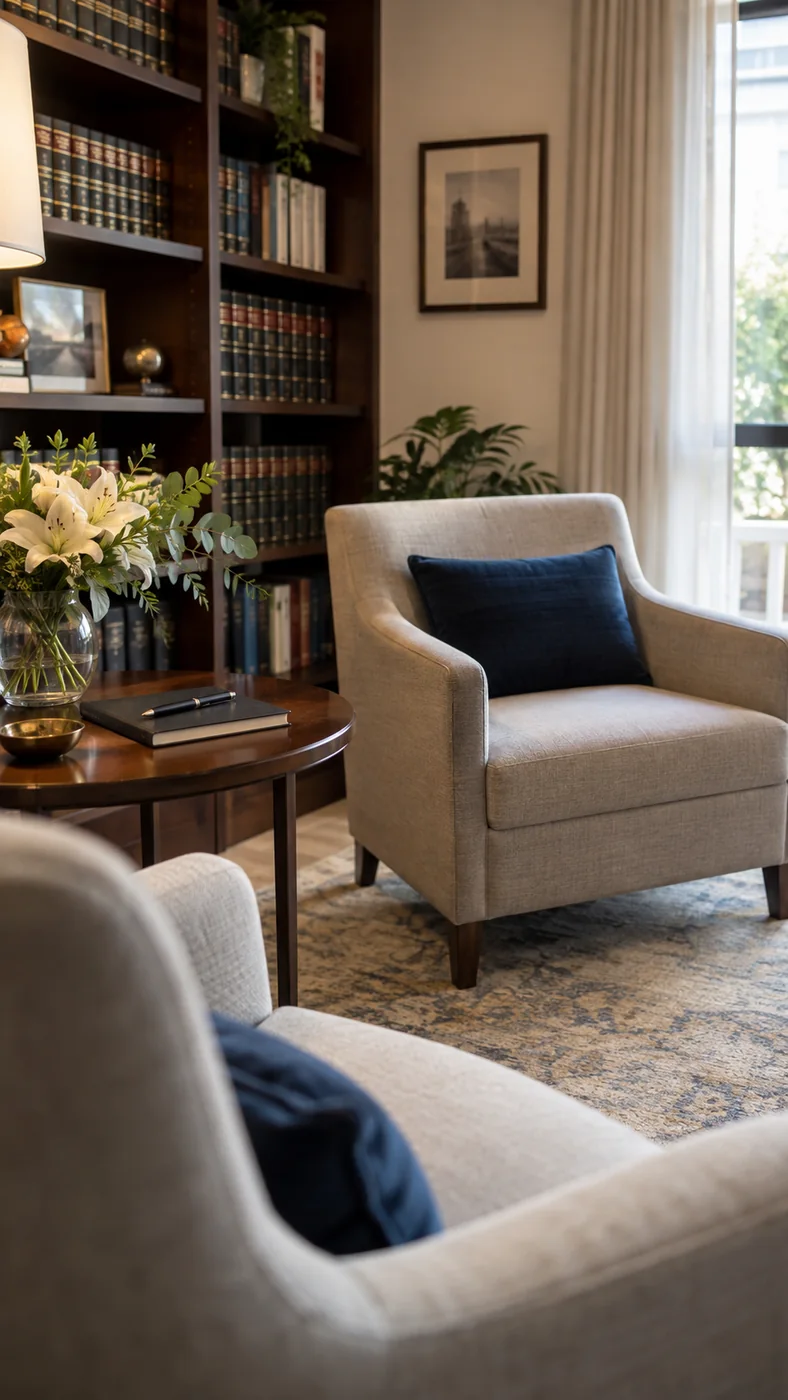 Sala de espera del estudio, con sillón, mesa baja y biblioteca de fondo